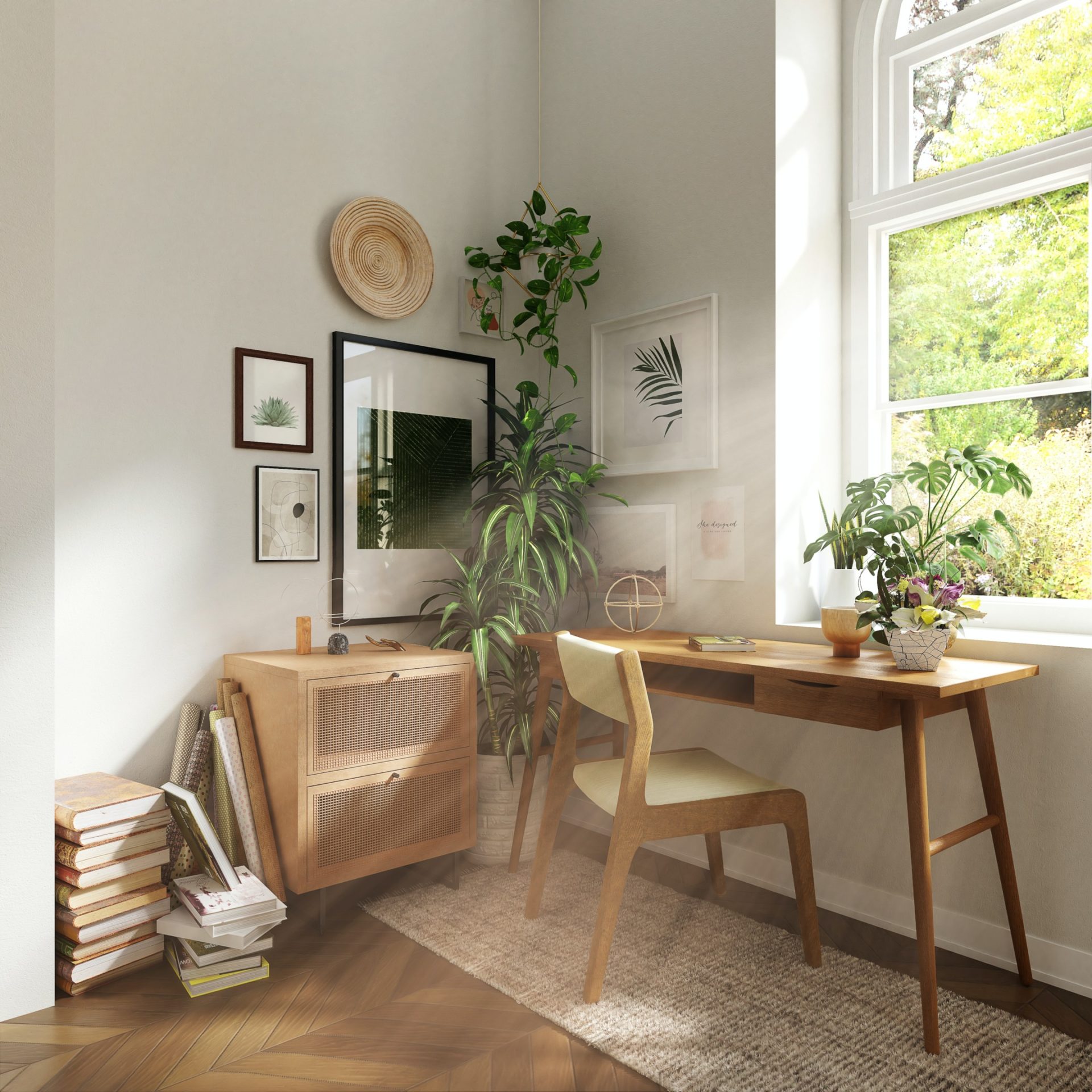 Mid-century wood desk with simple, clean lines and minimalist framed art