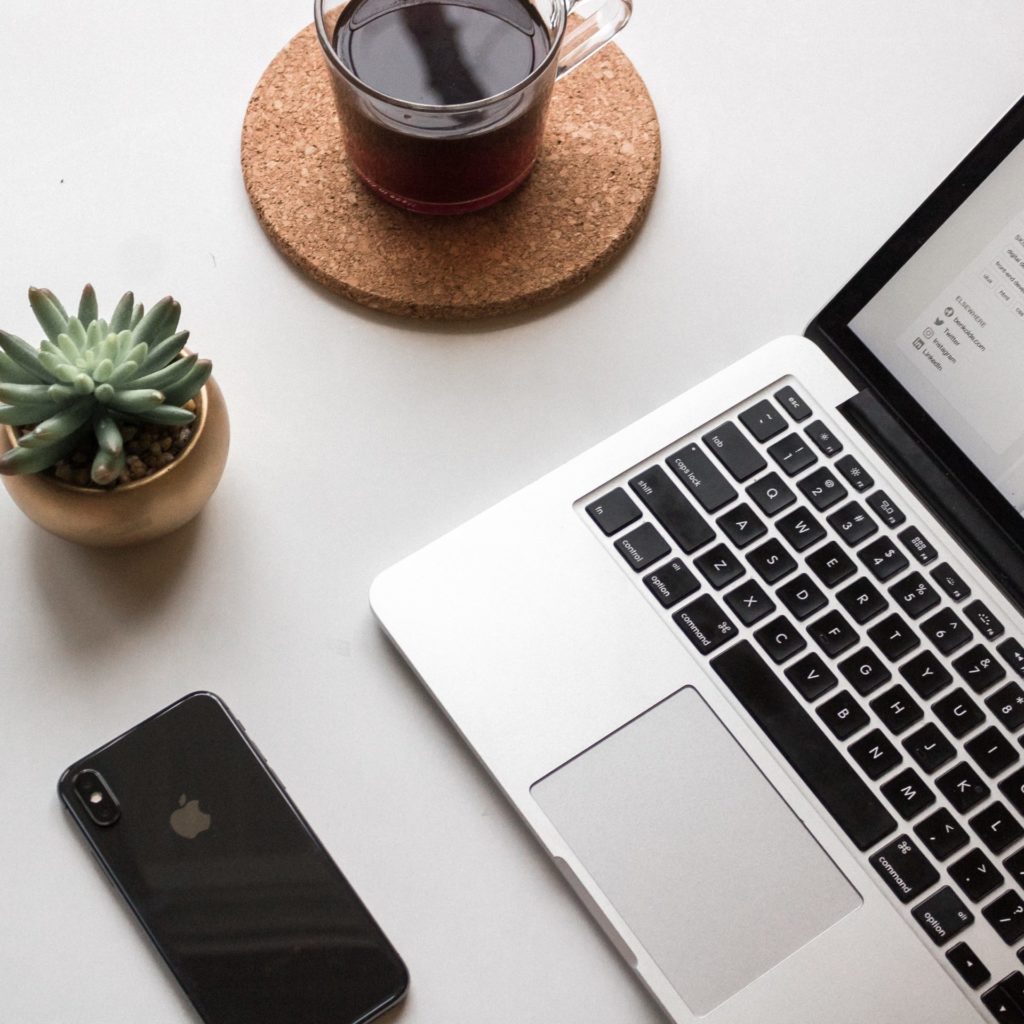 Simple office space with succulent plant and laptop