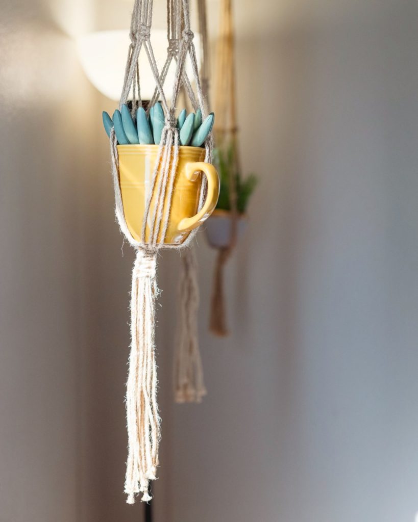 DIY macrame plant holder with succulent in coffee mug