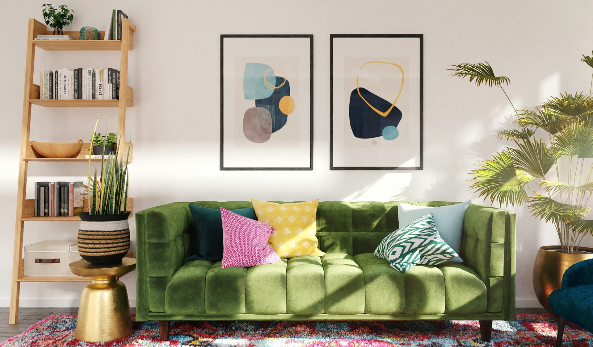 Neutral walls with vibrant green velvet mid-century sofa and house plants