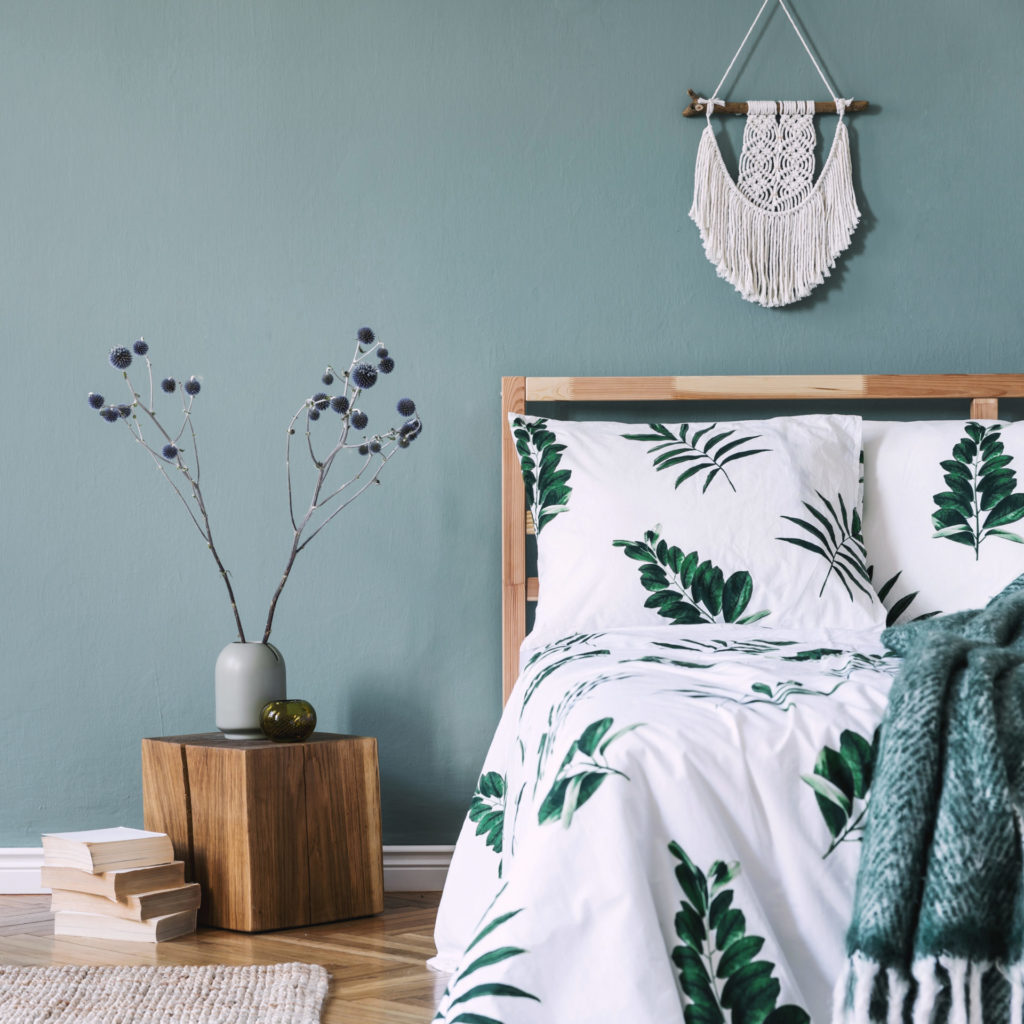 Coastal blue tone paint for a beachy Boho bedroom