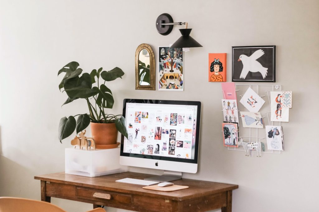 Boho minimalist office with plant