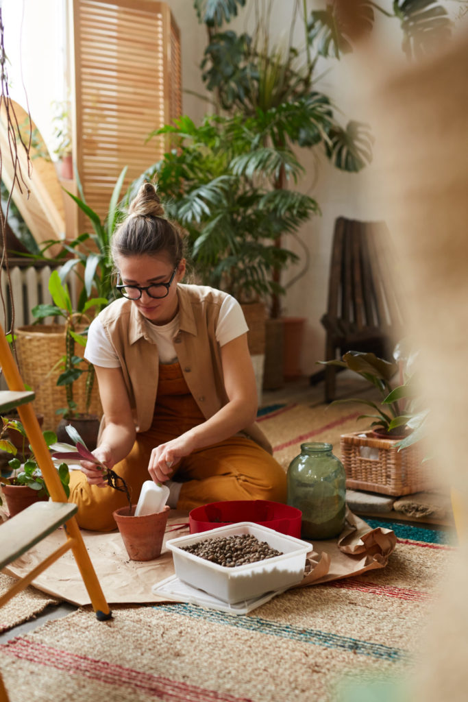 Woman repotting a plant