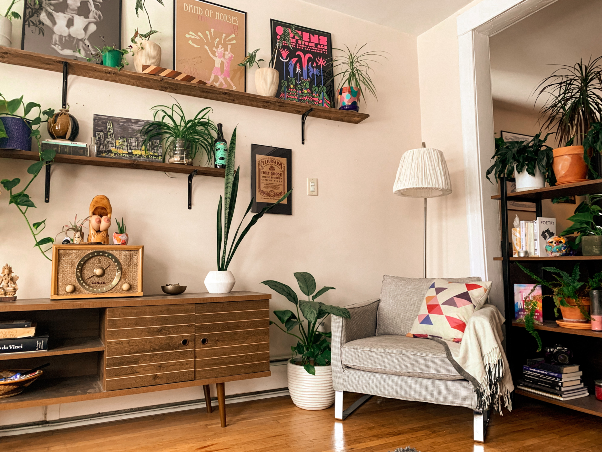 A colorful and eclectic mix of bold colors, patterns and textures in a boho style living room