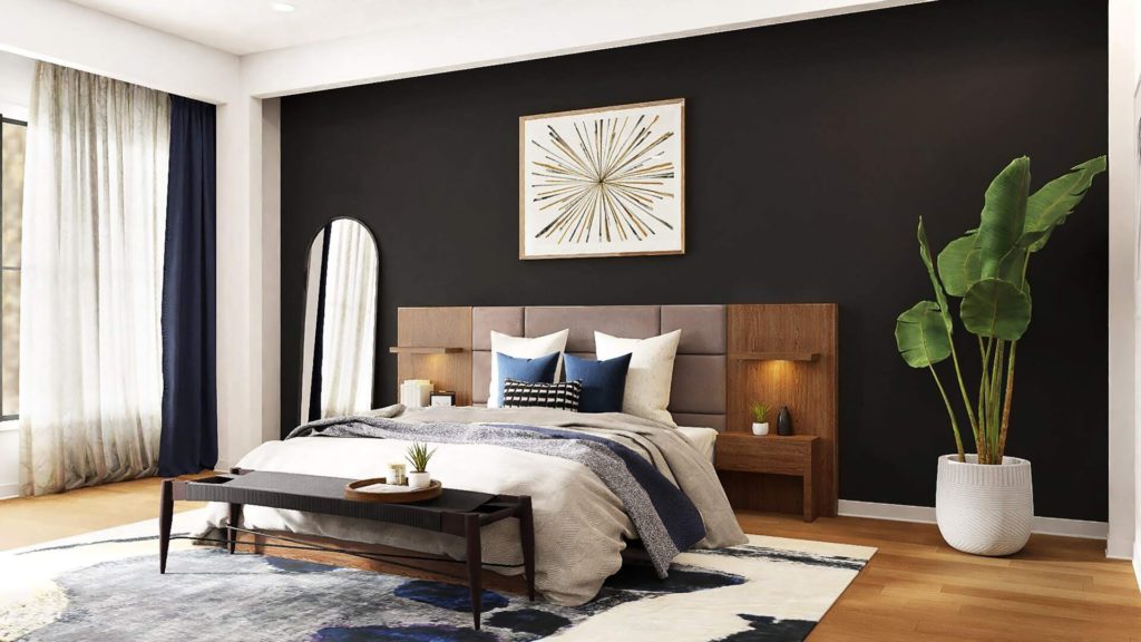 Boho modern bedroom with dark accent wall paint and wood furniture