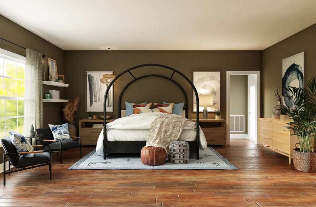 Modern Bohemian bedroom with arched canopy bed