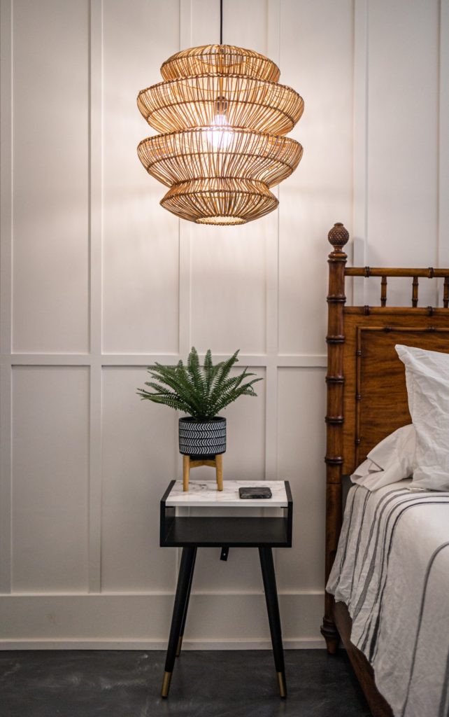 Wood bed frame and wicker light shade