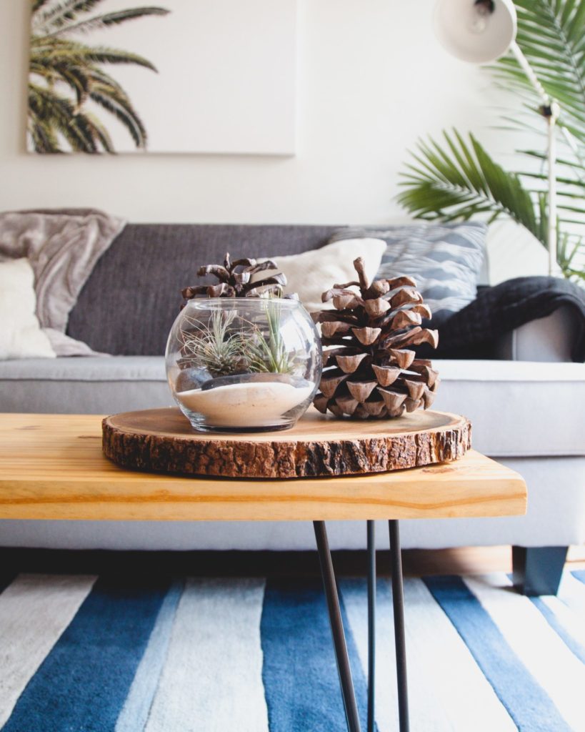 Natural reclaimed wood coffee table in minimalist family room