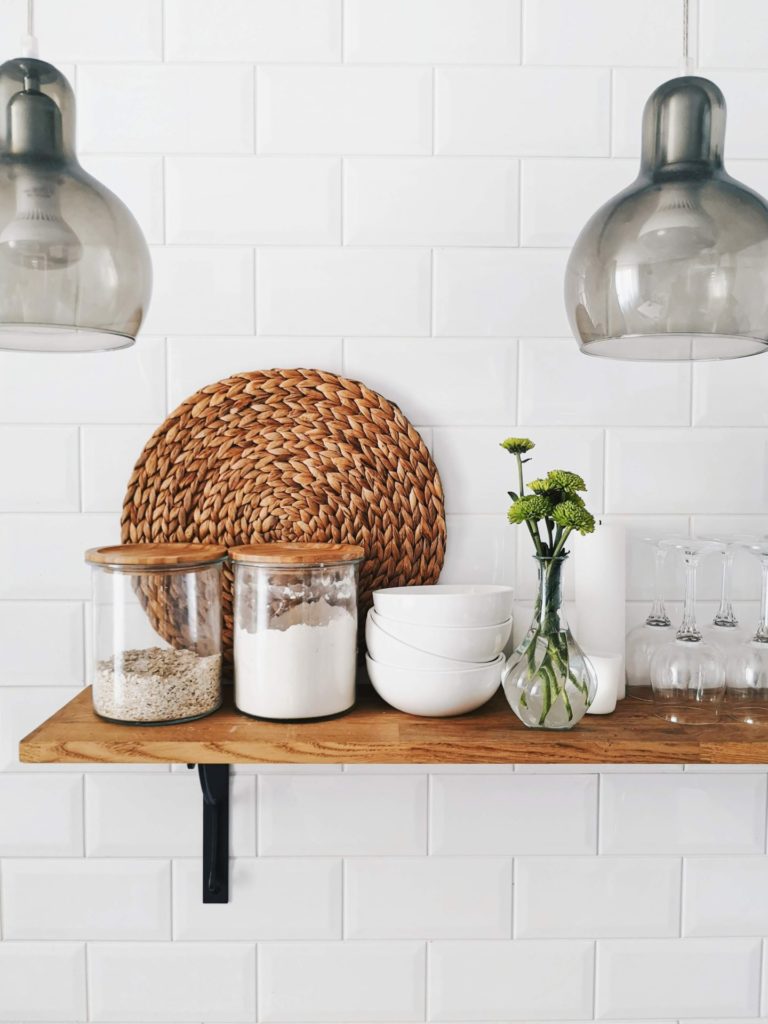 Wood open shelves with glass storage containers